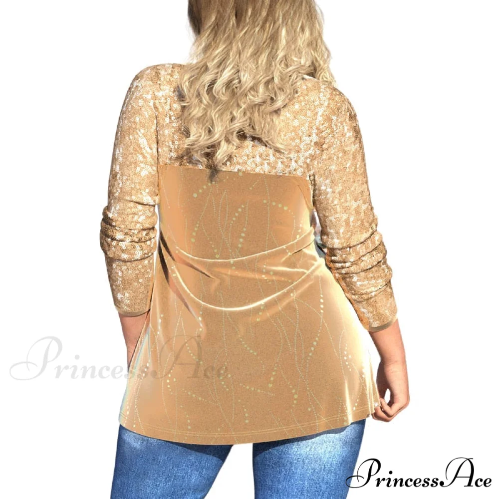 Plus Size Graphic Printed Sequins Patchwork Round Neck T Shirt - Image 2