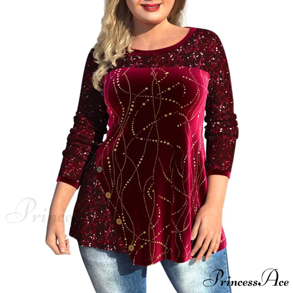 Plus Size Graphic Printed Sequins Patchwork Round Neck T Shirt - Image 4
