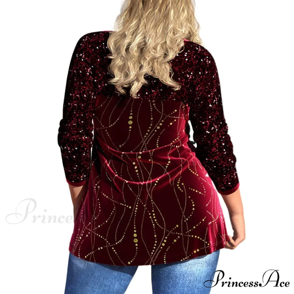 Plus Size Graphic Printed Sequins Patchwork Round Neck T Shirt - Image 5