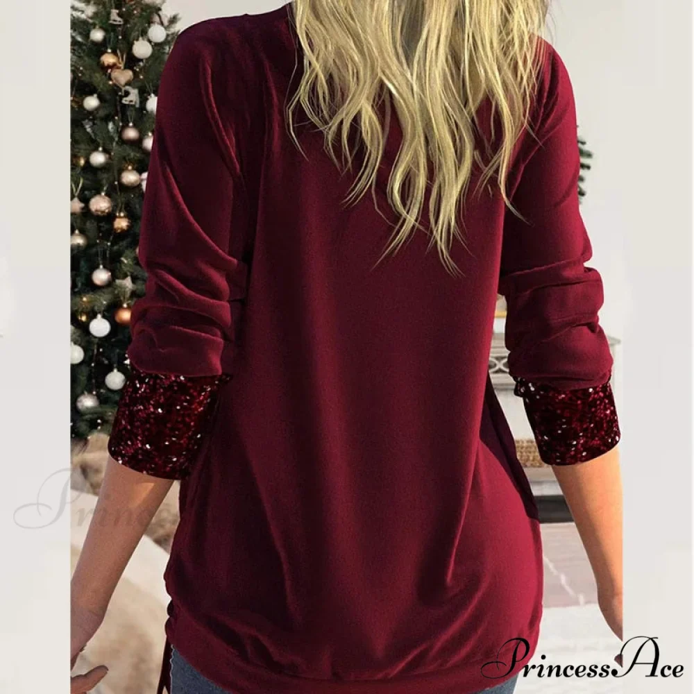 V Neck Sequins Stitching Solid Drawstring Pullover - Image 4