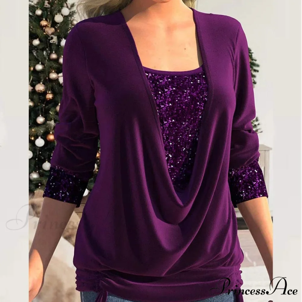 V Neck Sequins Stitching Solid Drawstring Pullover - Image 7