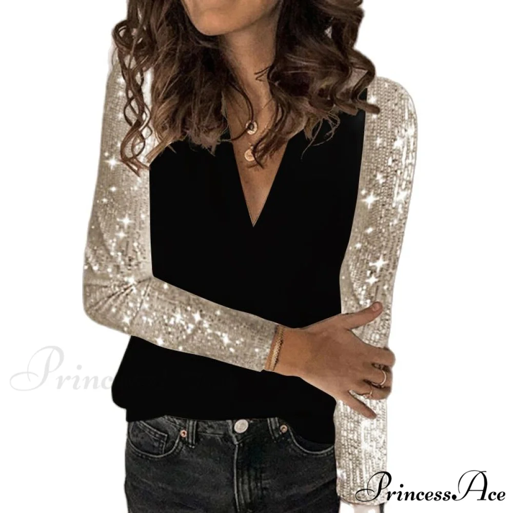 Sequin Splice Long Sleeve Loose V-Neck Pullover - Image 2