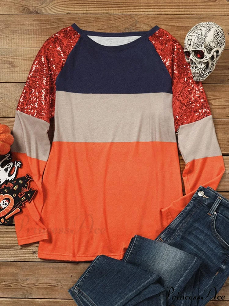 Oversized Sequin Long Sleeve Color Block TShirt - Image 3
