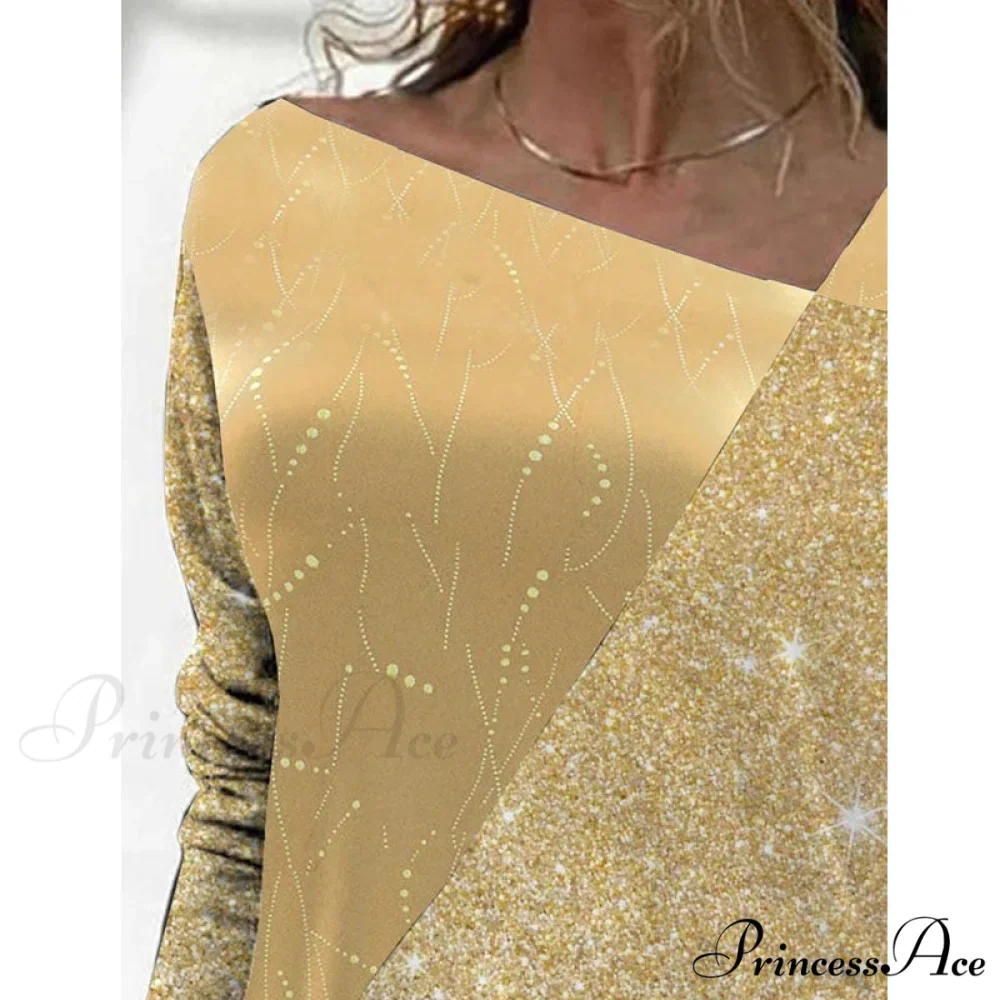 Retro Glitter Gold Contrast Casual Long Sleeve Straps Pullover - Image 16