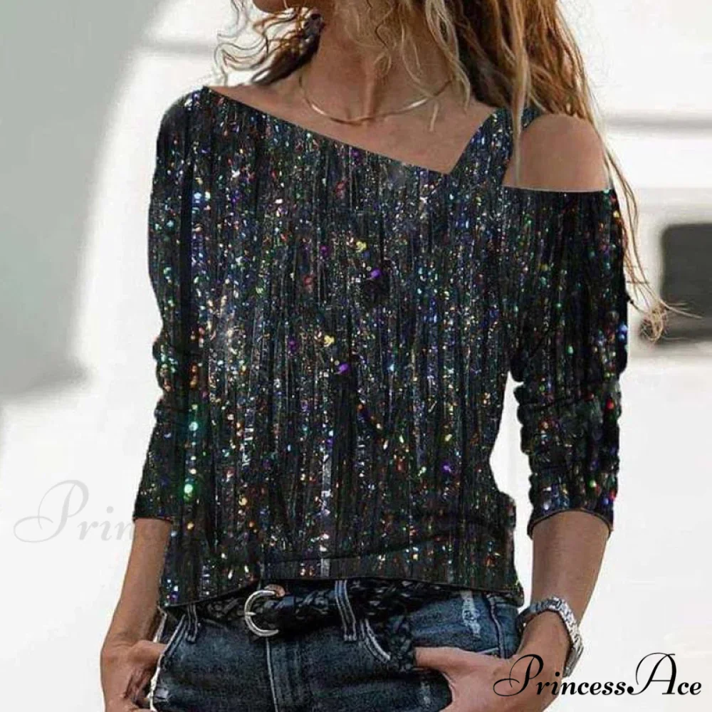 Retro Glitter Gold Contrast Casual Long Sleeve Straps Pullover - Image 18