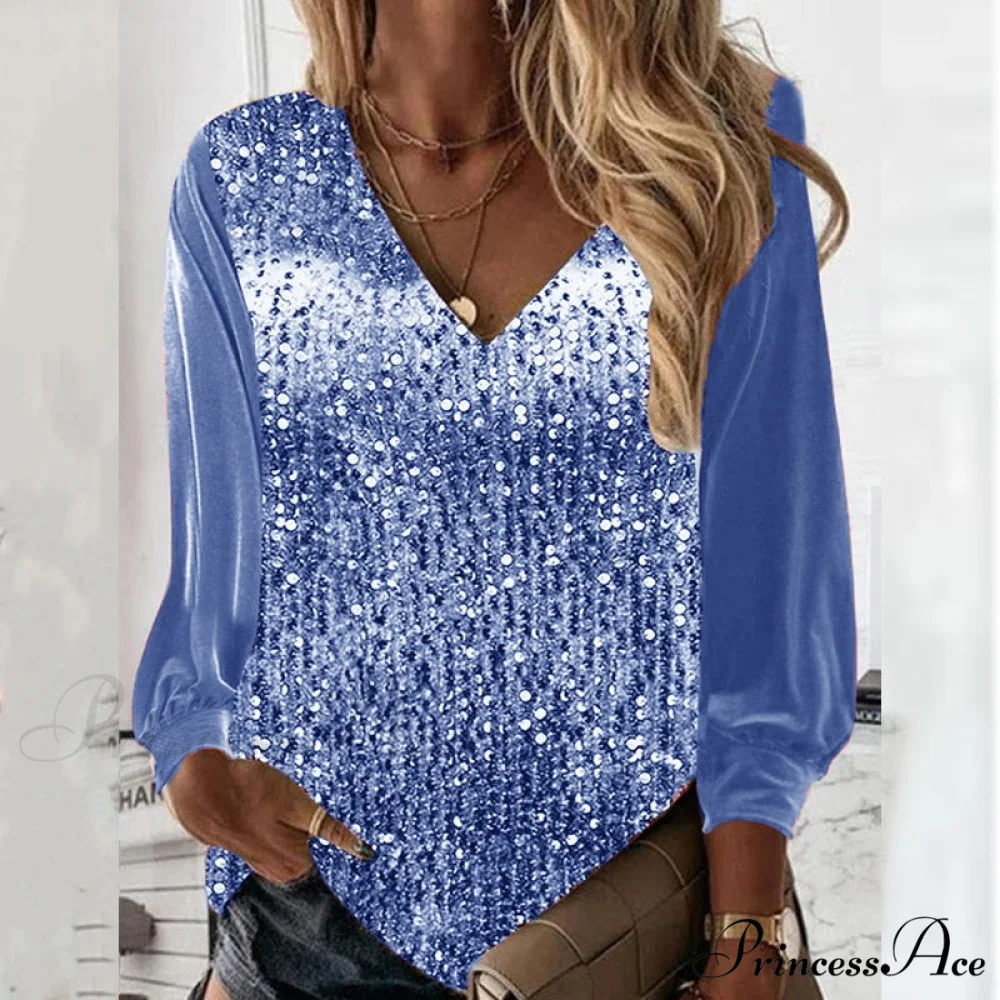 Casual V-neck Shiny Sequin Patchwork Loose Party Club Pullover - Image 2
