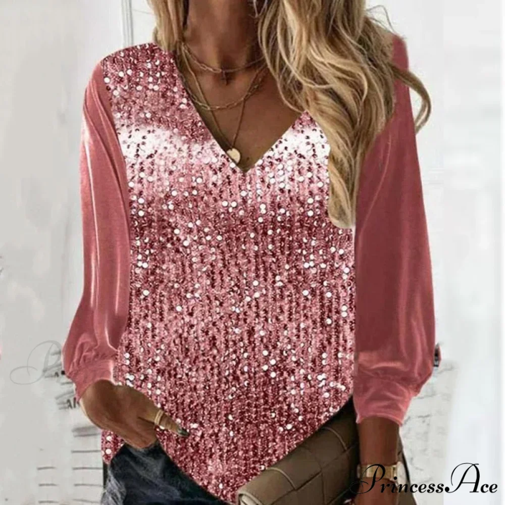 Casual V-neck Shiny Sequin Patchwork Loose Party Club Pullover - Image 3