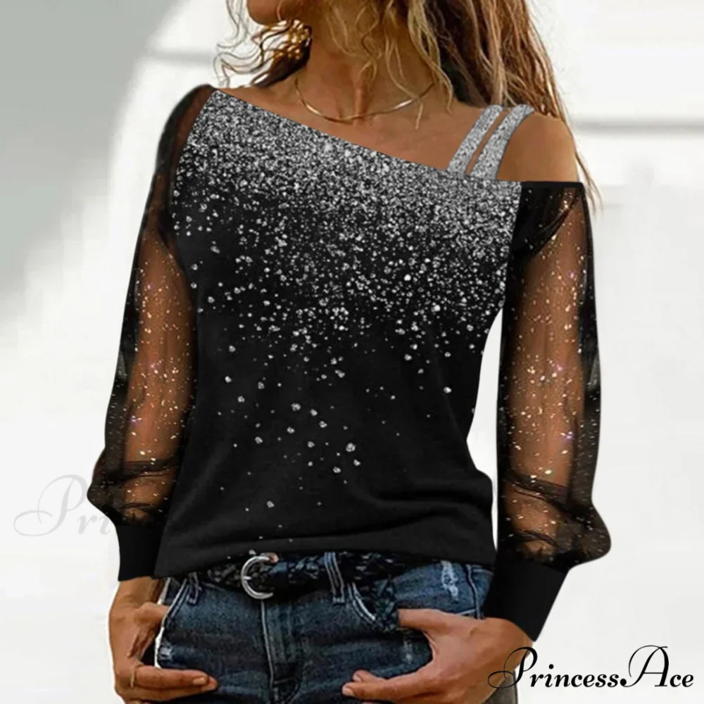 Long Sleeve Sequin Cold Shoulder Bling Mesh Sheer Blouse - Image 2