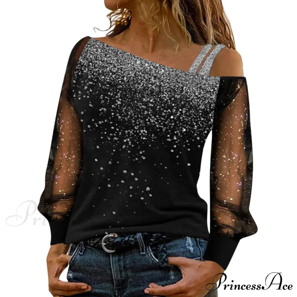 Long Sleeve Sequin Cold Shoulder Bling Mesh Sheer Blouse - Image 7