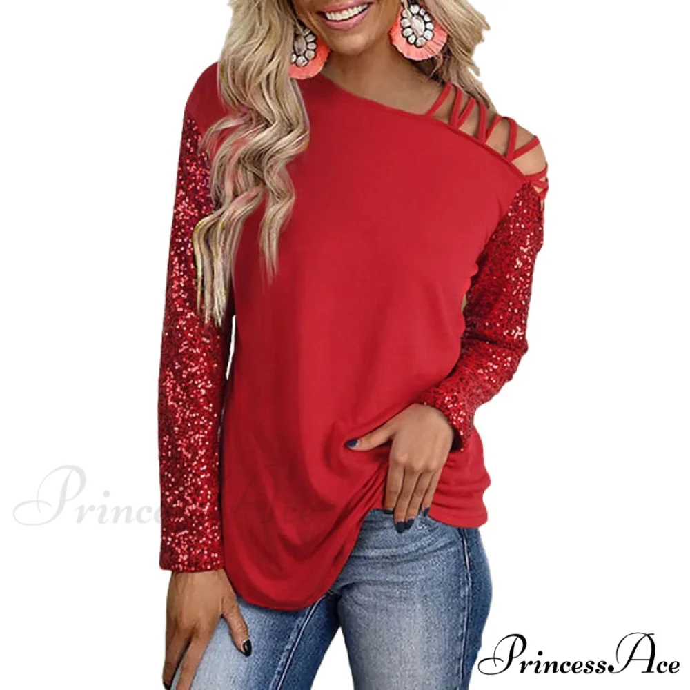 Hollow Out Sequin One Side Cold Shoulder Shiny T-shirt - Image 3