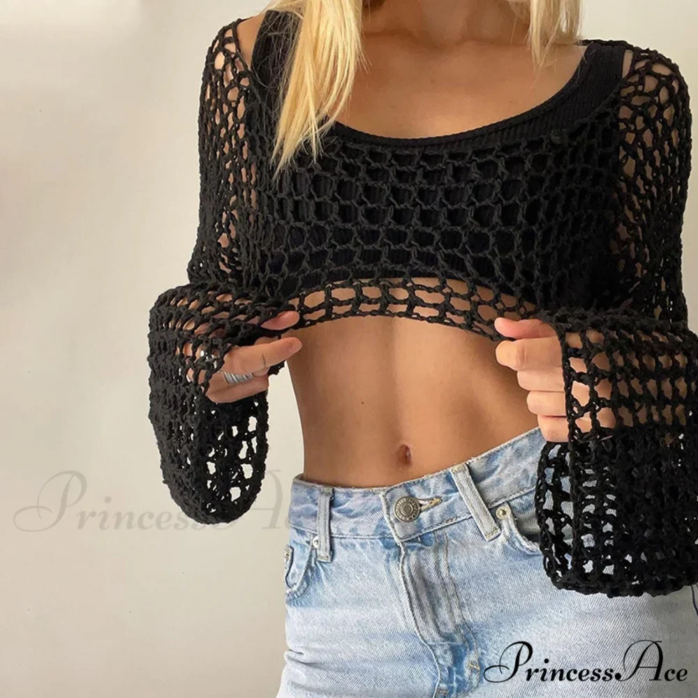 Summer Sexy Long Sleeve Smock Knitted Crop Top - Image 3