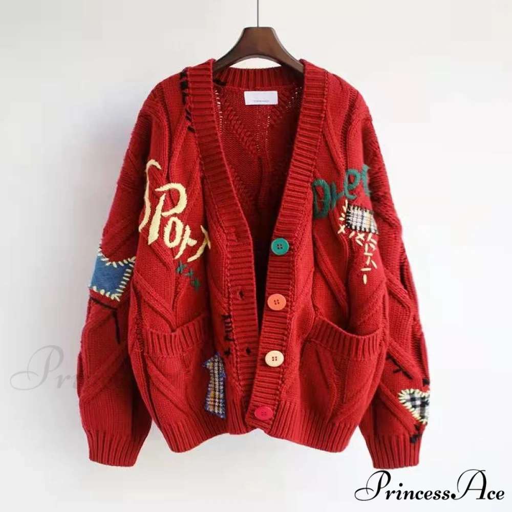 Jacket Loose Pocket Embroidery Fashion Knit Cardigan - Image 3