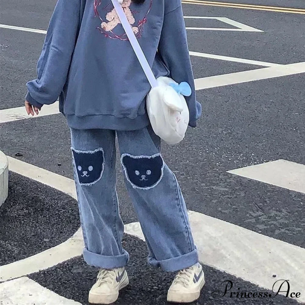 Korean Bear Jeans Cute Print Denim Wide Leg Pants - Image 2