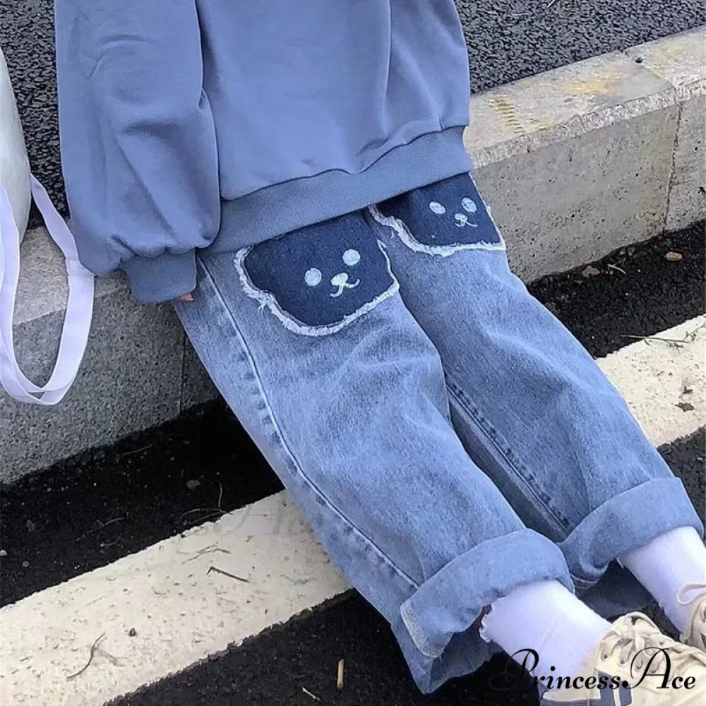 Korean Bear Jeans Cute Print Denim Wide Leg Pants - Image 3