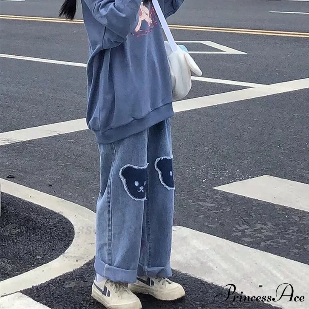 Korean Bear Jeans Cute Print Denim Wide Leg Pants - Image 5