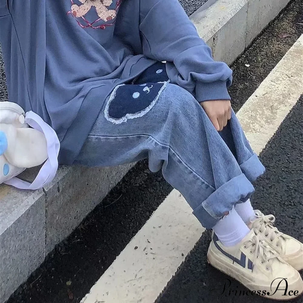 Korean Bear Jeans Cute Print Denim Wide Leg Pants - Image 6