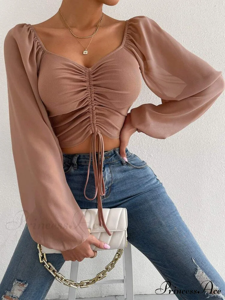 Lantern Sleeve V-Neck Fashion Blouses - Image 2