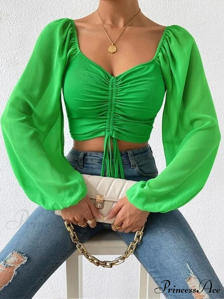 Lantern Sleeve V-Neck Fashion Blouses - Image 6