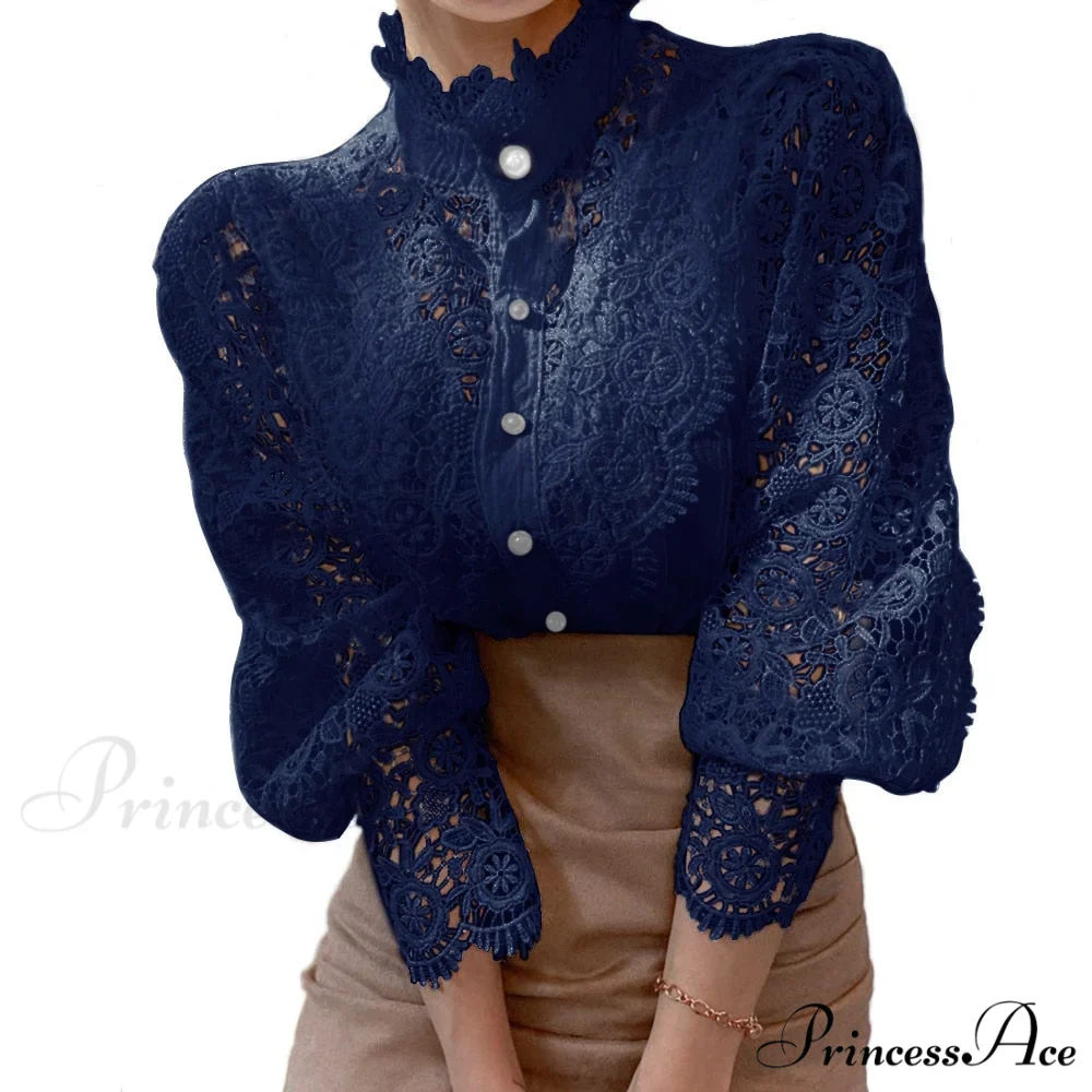 Solid Button Stand Collar Plus Size Blouse - Image 11