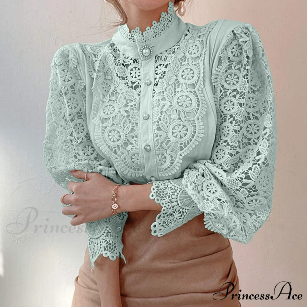 Solid Button Stand Collar Plus Size Blouse - Image 4