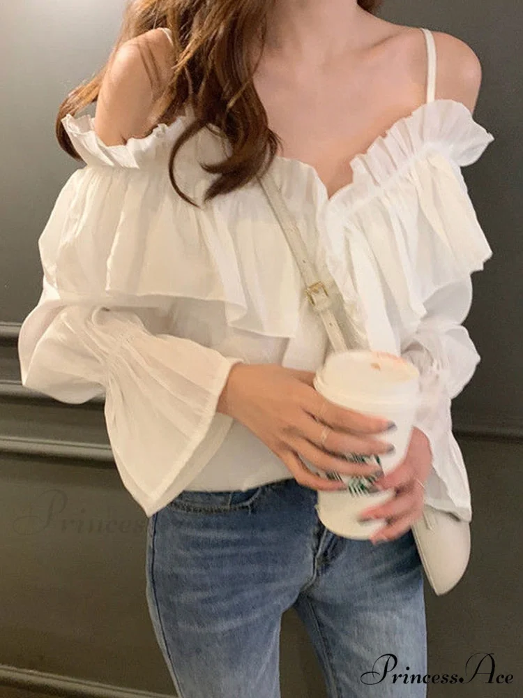 Casual Loose Spaghetti Strap Flare Sleeve Ruffles Tops - Image 4