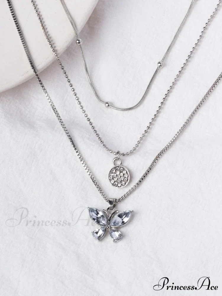 Rhinestone Butterfly Pendant Layered Necklace - Image 2