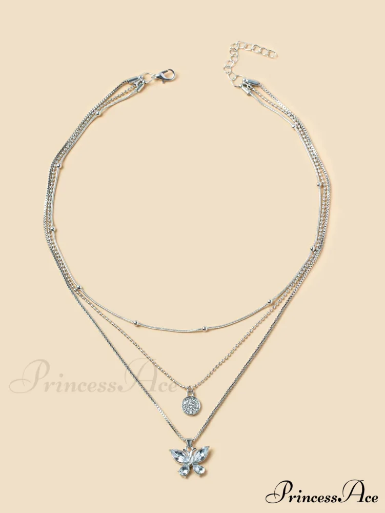 Rhinestone Butterfly Pendant Layered Necklace - Image 4