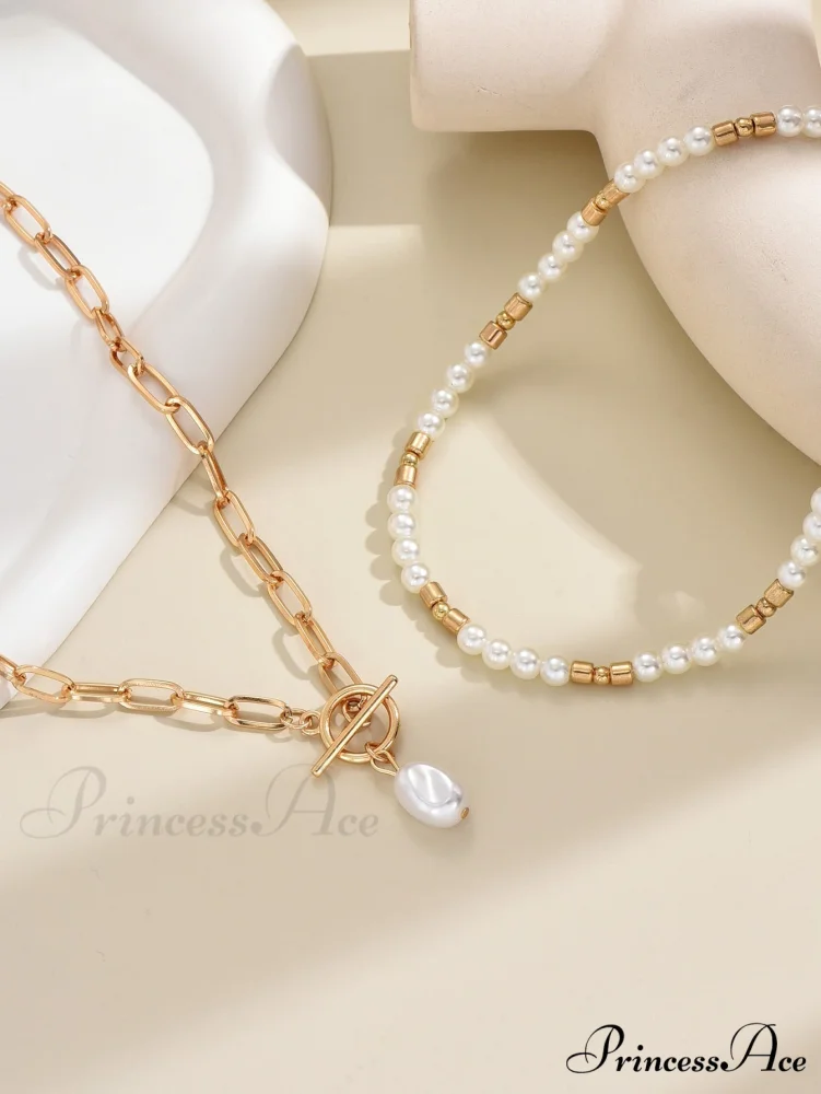 2pcs Faux Pearl Charm OT Buckle Necklace - Image 4