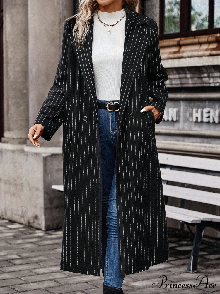 Striped Print Double Button Coat - Image 3