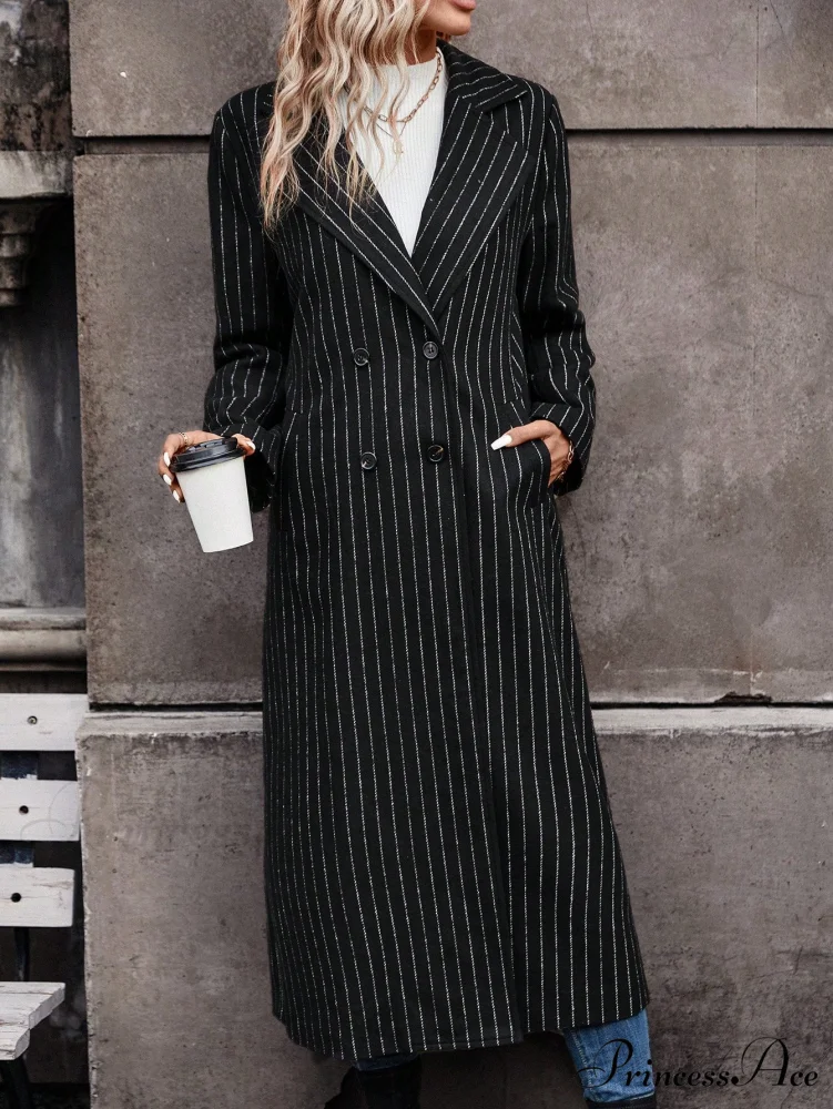 Striped Print Double Button Coat - Image 5