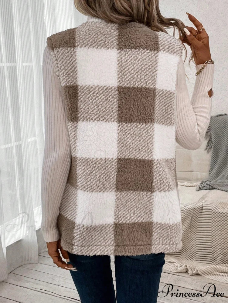 Buffalo Plaid Print Open Front Teddy Vest Coat - Image 2