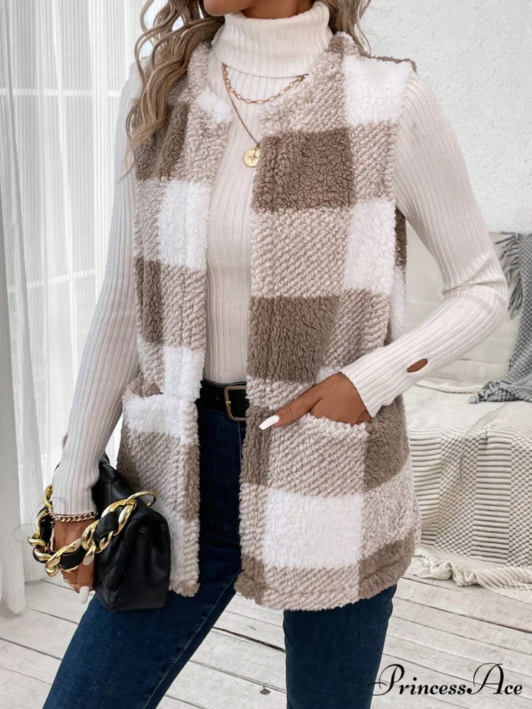 Buffalo Plaid Print Open Front Teddy Vest Coat - Image 3