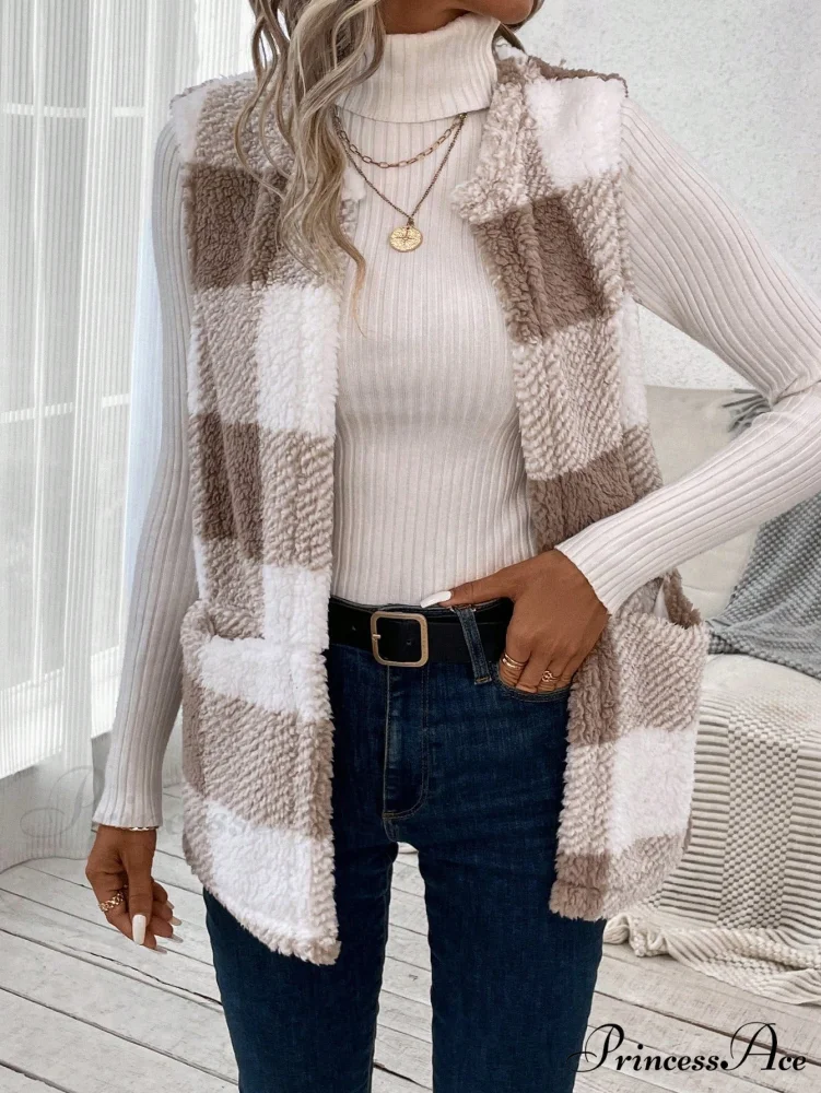 Buffalo Plaid Print Open Front Teddy Vest Coat - Image 4