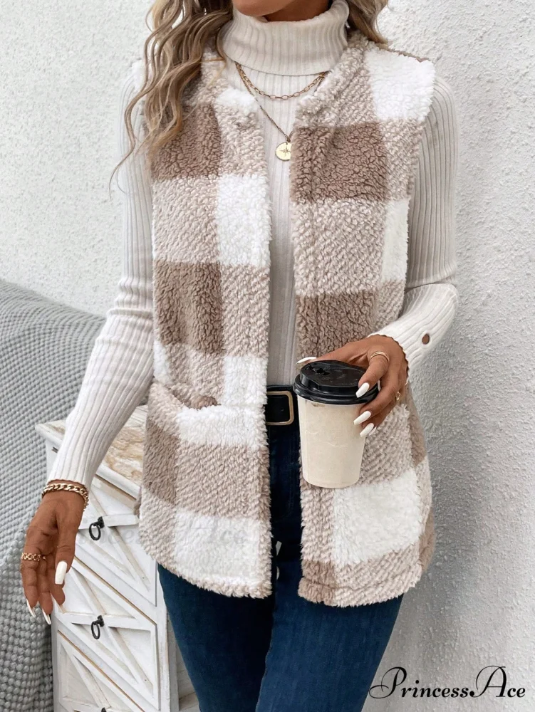 Buffalo Plaid Print Open Front Teddy Vest Coat - Image 5