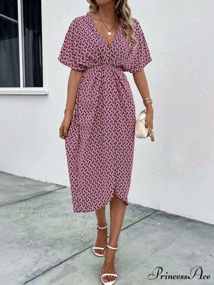 Print Batwing Sleeve Wrap Hem Dress - Image 8