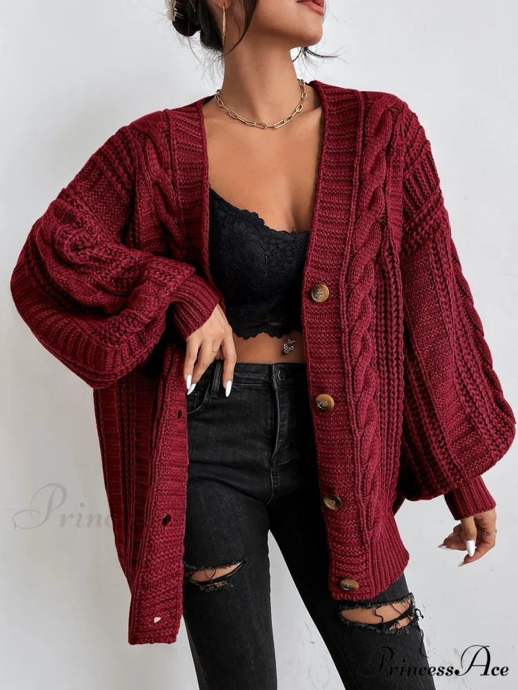 Space Dye Drop Shoulder Cable Knit Lantern Sleeve Cardigan - Image 10