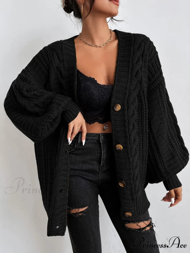 Space Dye Drop Shoulder Cable Knit Lantern Sleeve Cardigan - Image 11