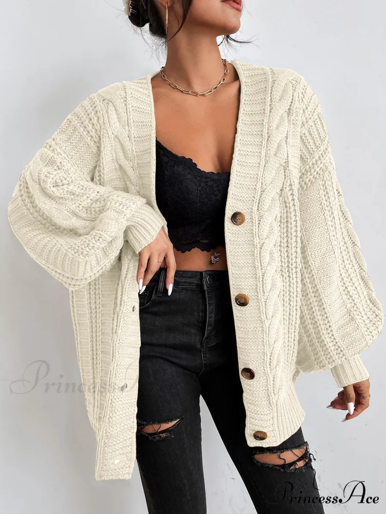 Space Dye Drop Shoulder Cable Knit Lantern Sleeve Cardigan - Image 12