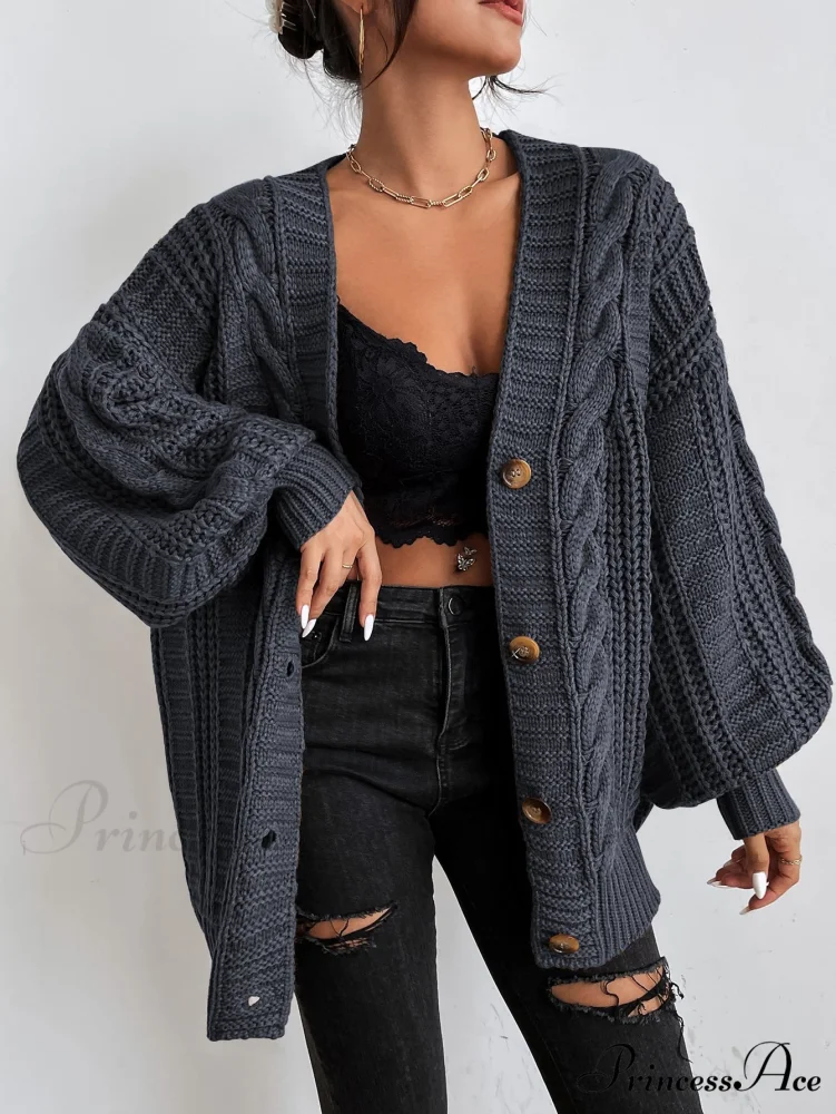 Space Dye Drop Shoulder Cable Knit Lantern Sleeve Cardigan - Image 13