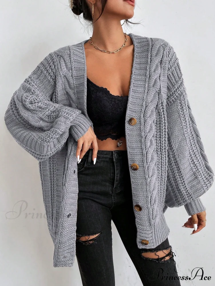 Space Dye Drop Shoulder Cable Knit Lantern Sleeve Cardigan - Image 14