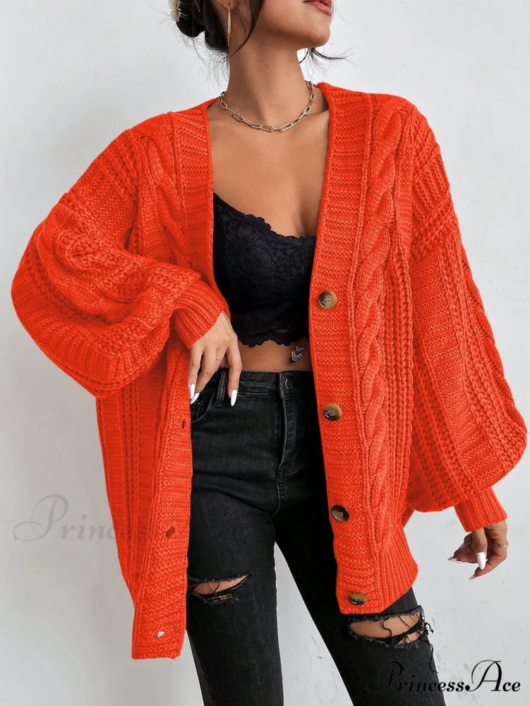 Space Dye Drop Shoulder Cable Knit Lantern Sleeve Cardigan - Image 15