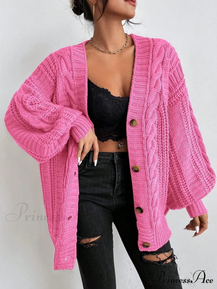 Space Dye Drop Shoulder Cable Knit Lantern Sleeve Cardigan - Image 16