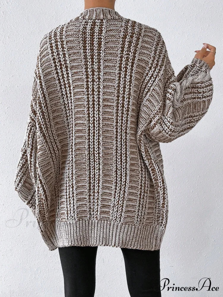 Space Dye Drop Shoulder Cable Knit Lantern Sleeve Cardigan - Image 2
