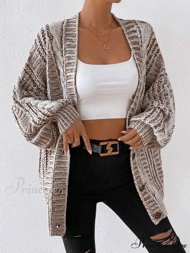 Space Dye Drop Shoulder Cable Knit Lantern Sleeve Cardigan - Image 3