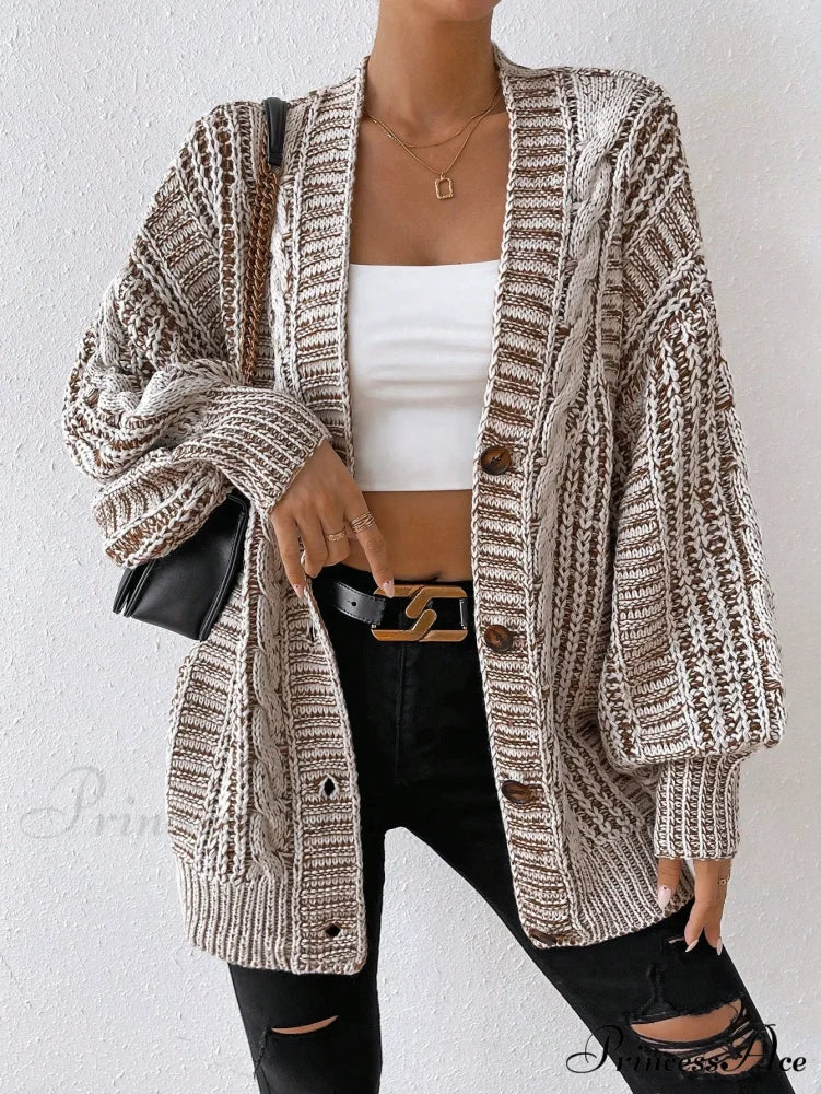 Space Dye Drop Shoulder Cable Knit Lantern Sleeve Cardigan - Image 4