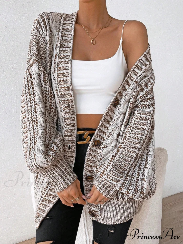 Space Dye Drop Shoulder Cable Knit Lantern Sleeve Cardigan - Image 5