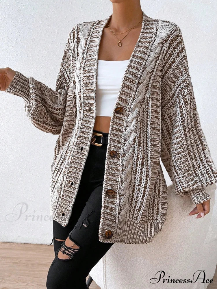 Space Dye Drop Shoulder Cable Knit Lantern Sleeve Cardigan - Image 6