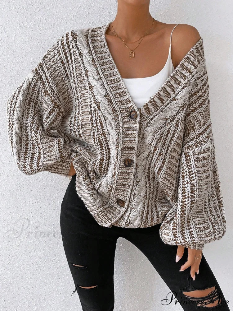 Space Dye Drop Shoulder Cable Knit Lantern Sleeve Cardigan - Image 7