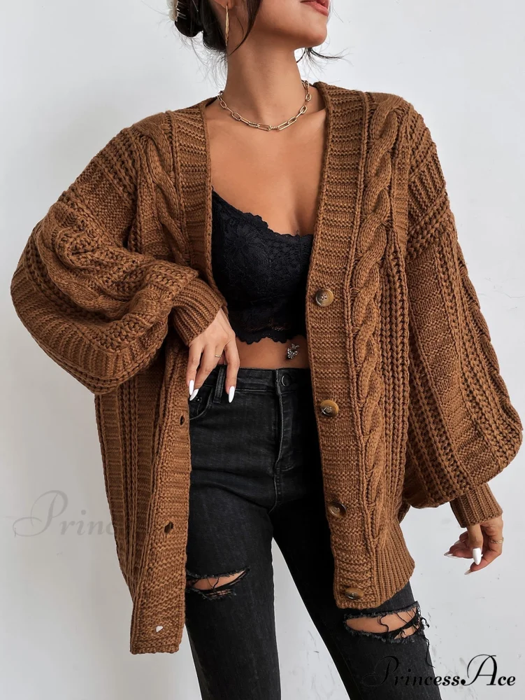 Space Dye Drop Shoulder Cable Knit Lantern Sleeve Cardigan - Image 8