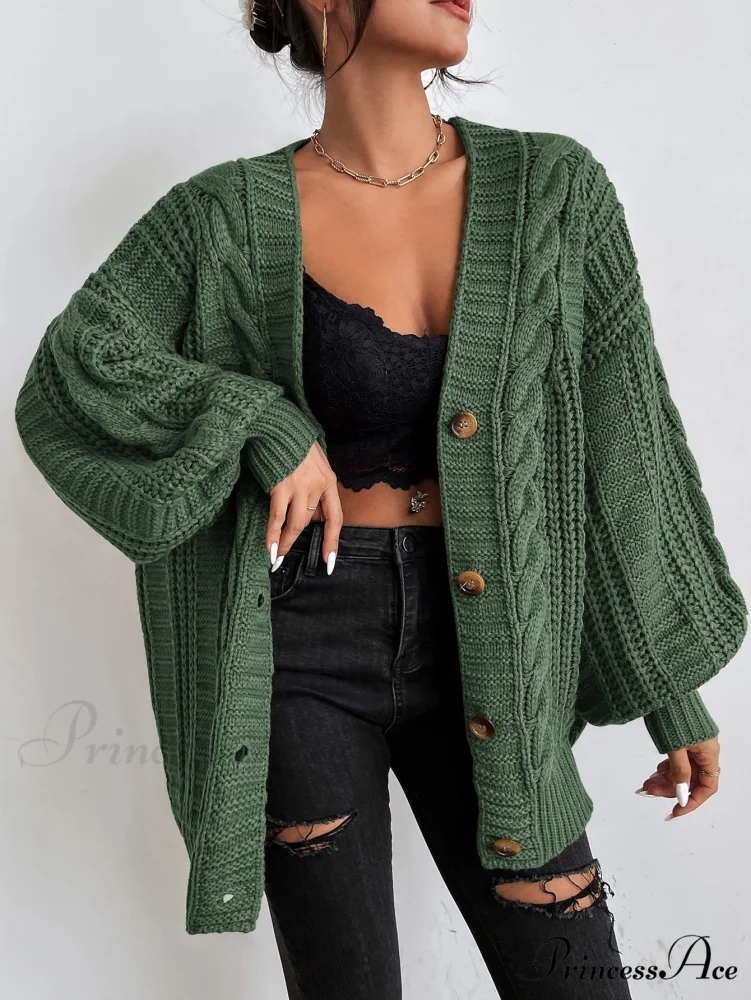 Space Dye Drop Shoulder Cable Knit Lantern Sleeve Cardigan - Image 9